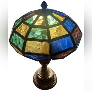 Vintage Iron Base Lamp with Leaded Stained Glass Shade